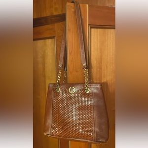 Vintage Bally Brown Woven &
Pebbled Leather Shoulder
Tote Gold Chain Accents EUC